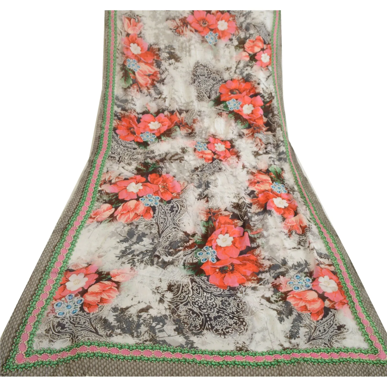 Sanskriti Vintage Long Dupatta Stole Blend Silk White Digital Printed Scarves