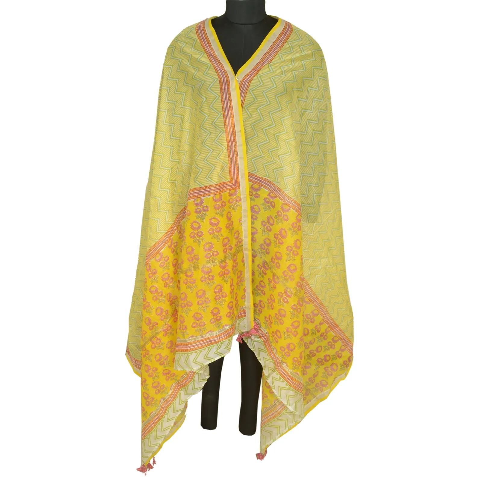 Sanskriti Vintage Long Dupatta Stole Pure Cotton Yellow Block Printed Scarves