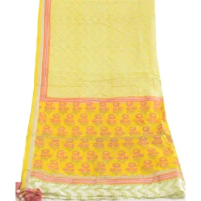 Sanskriti Vintage Long Dupatta Stole Pure Cotton Yellow Block Printed Scarves