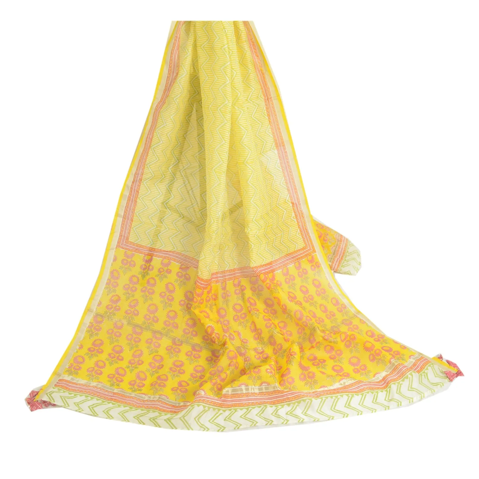 Sanskriti Vintage Long Dupatta Stole Pure Cotton Yellow Block Printed Scarves