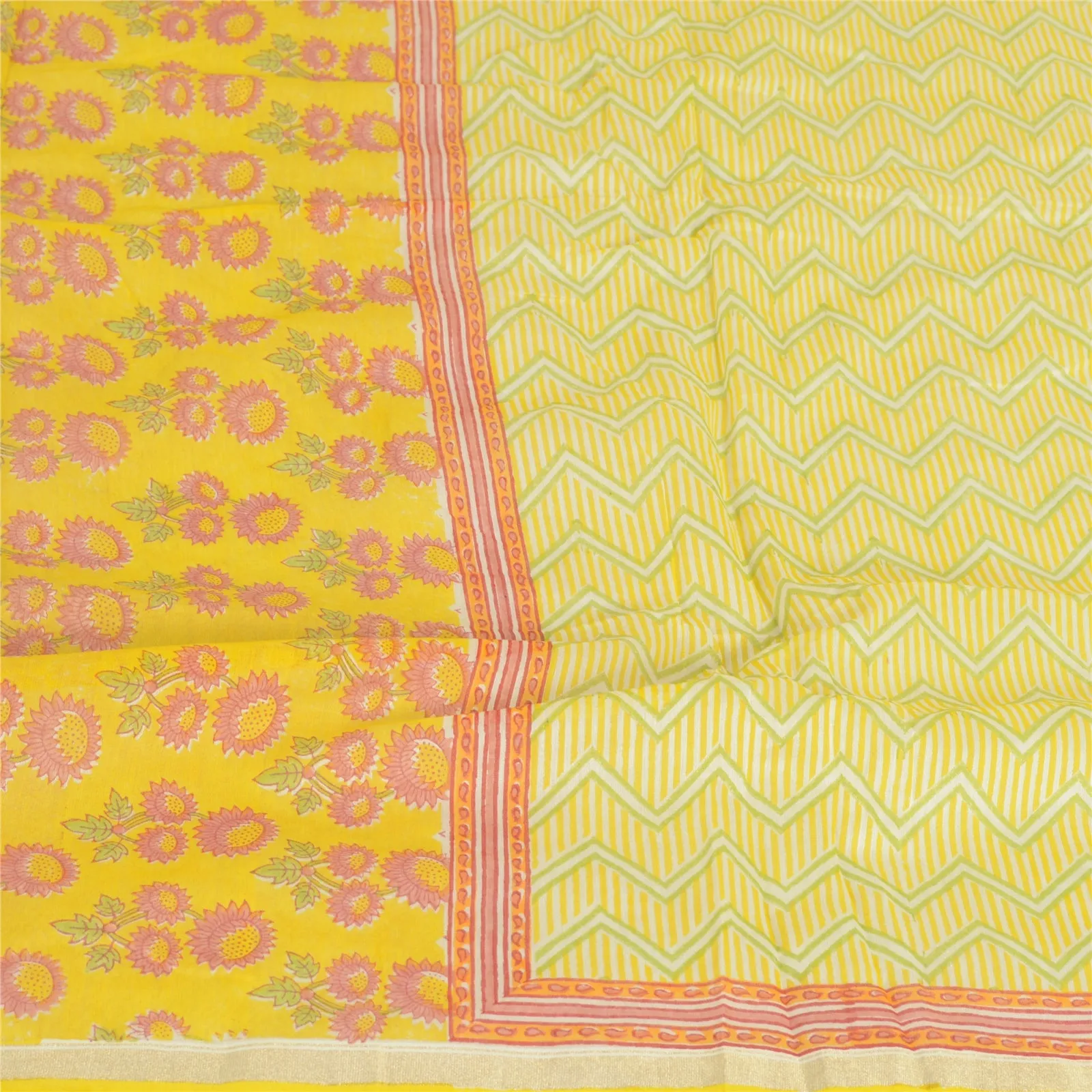 Sanskriti Vintage Long Dupatta Stole Pure Cotton Yellow Block Printed Scarves