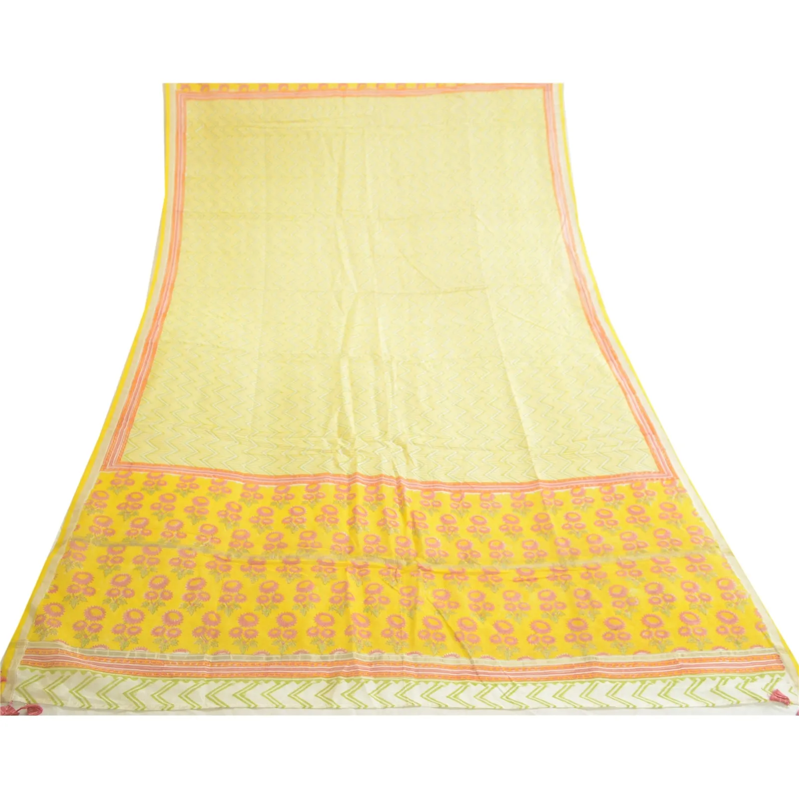 Sanskriti Vintage Long Dupatta Stole Pure Cotton Yellow Block Printed Scarves