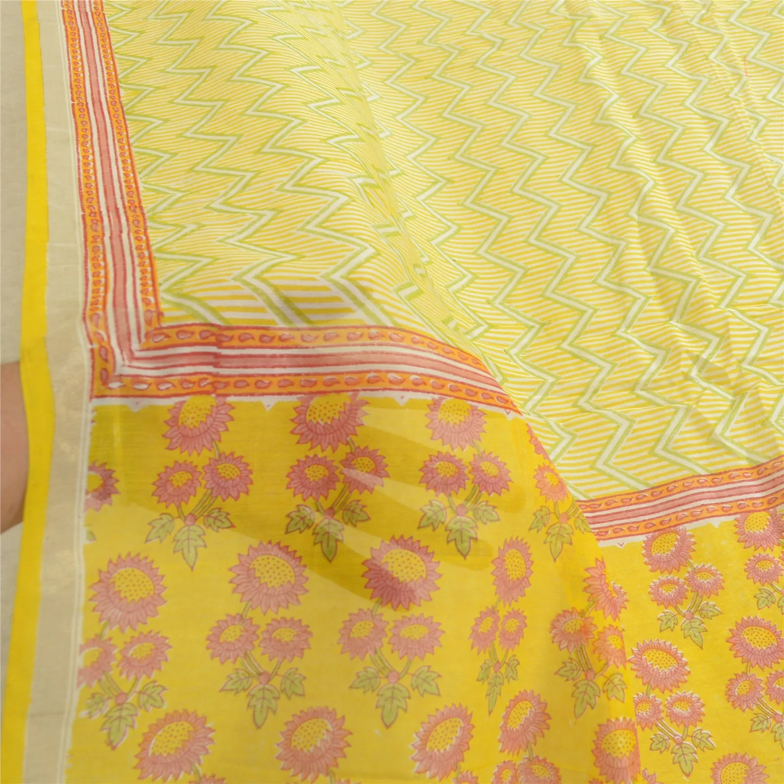 Sanskriti Vintage Long Dupatta Stole Pure Cotton Yellow Block Printed Scarves