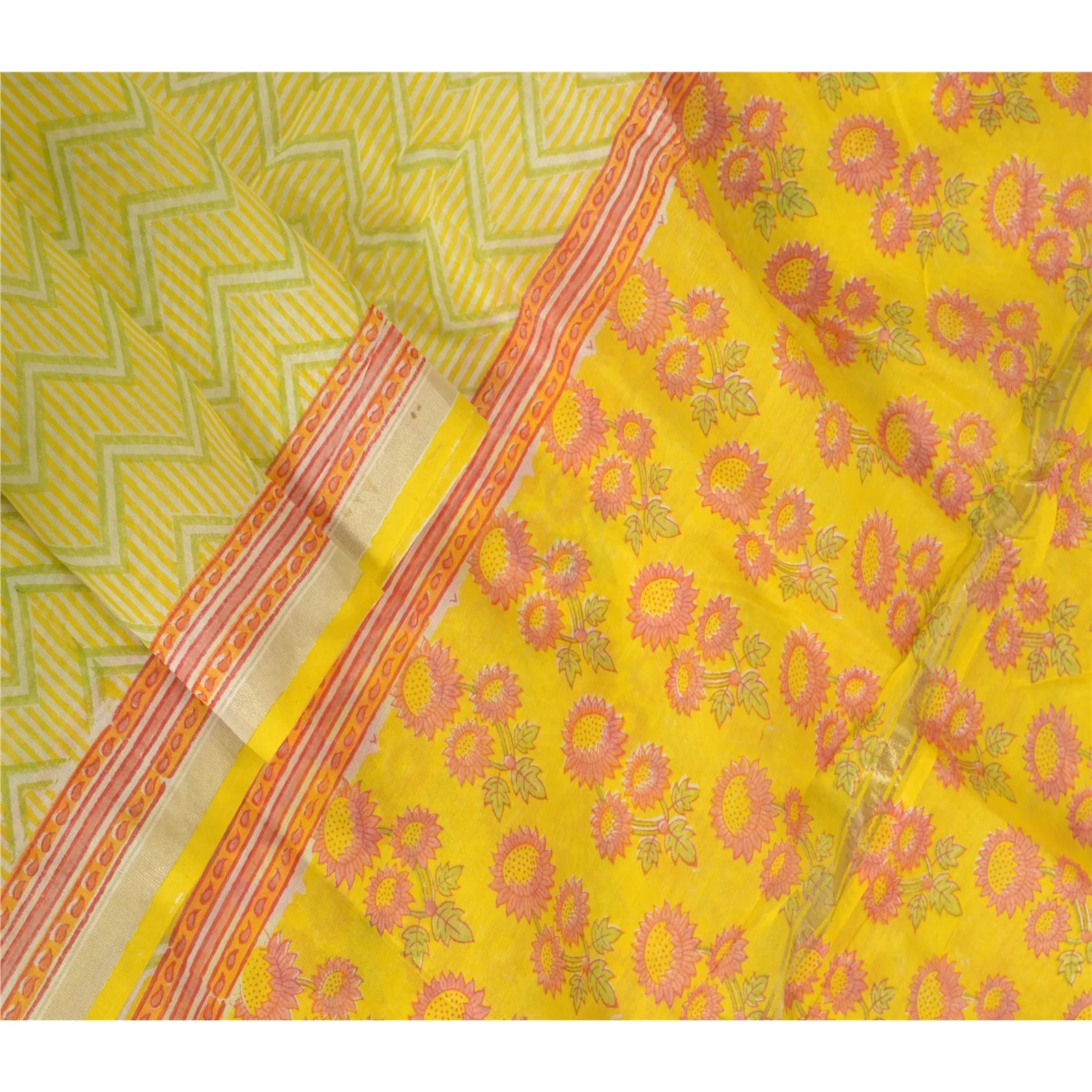 Sanskriti Vintage Long Dupatta Stole Pure Cotton Yellow Block Printed Scarves