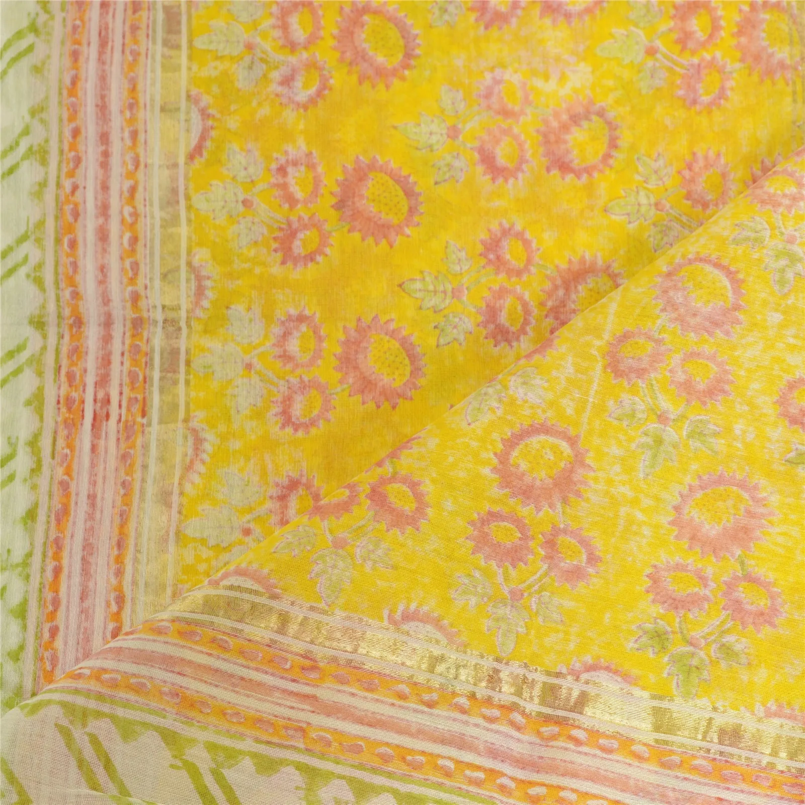 Sanskriti Vintage Long Dupatta Stole Pure Cotton Yellow Block Printed Scarves