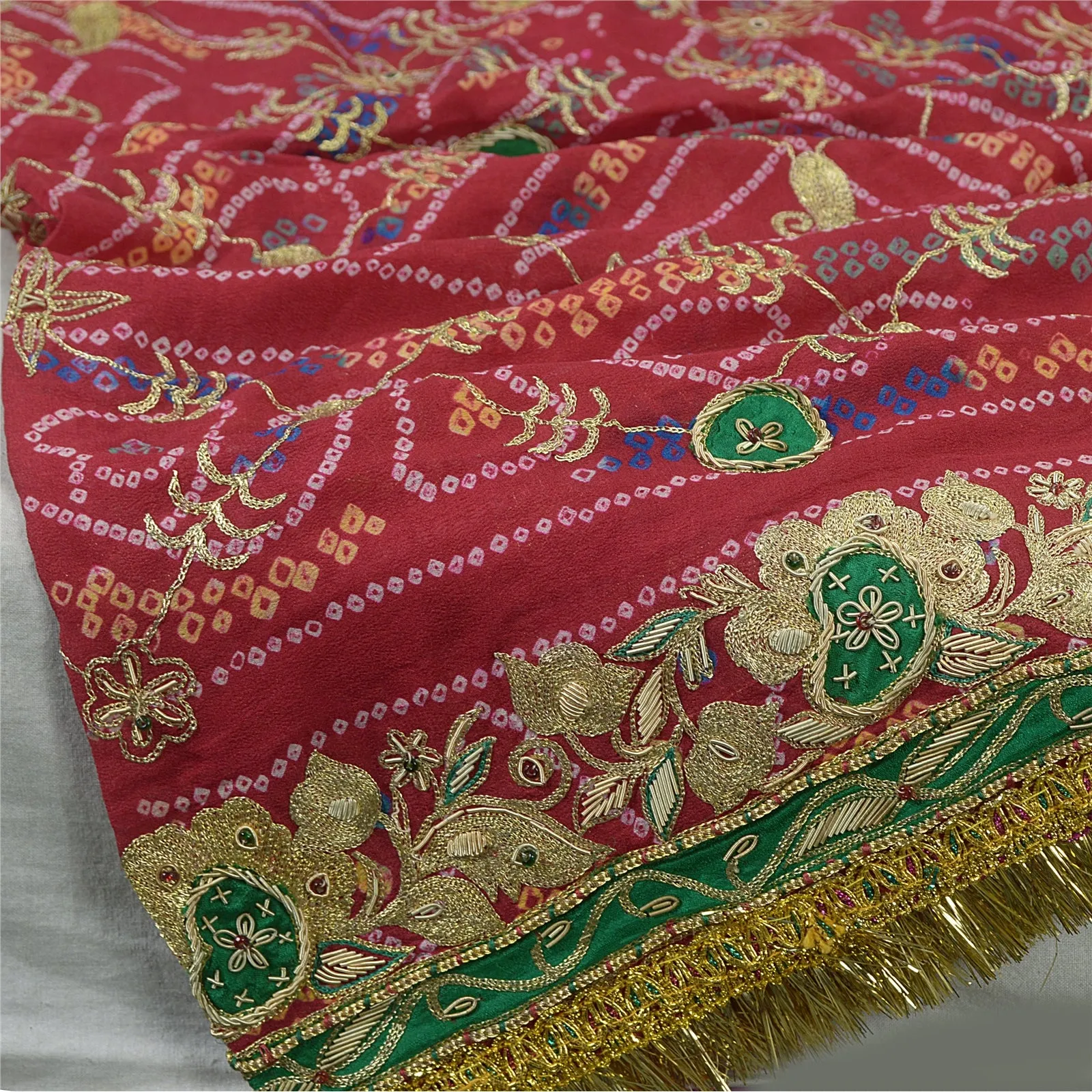 Sanskriti Vintage Long Dupatta Stole Pure Silk Red Hand Beaded Bandhani Scarves