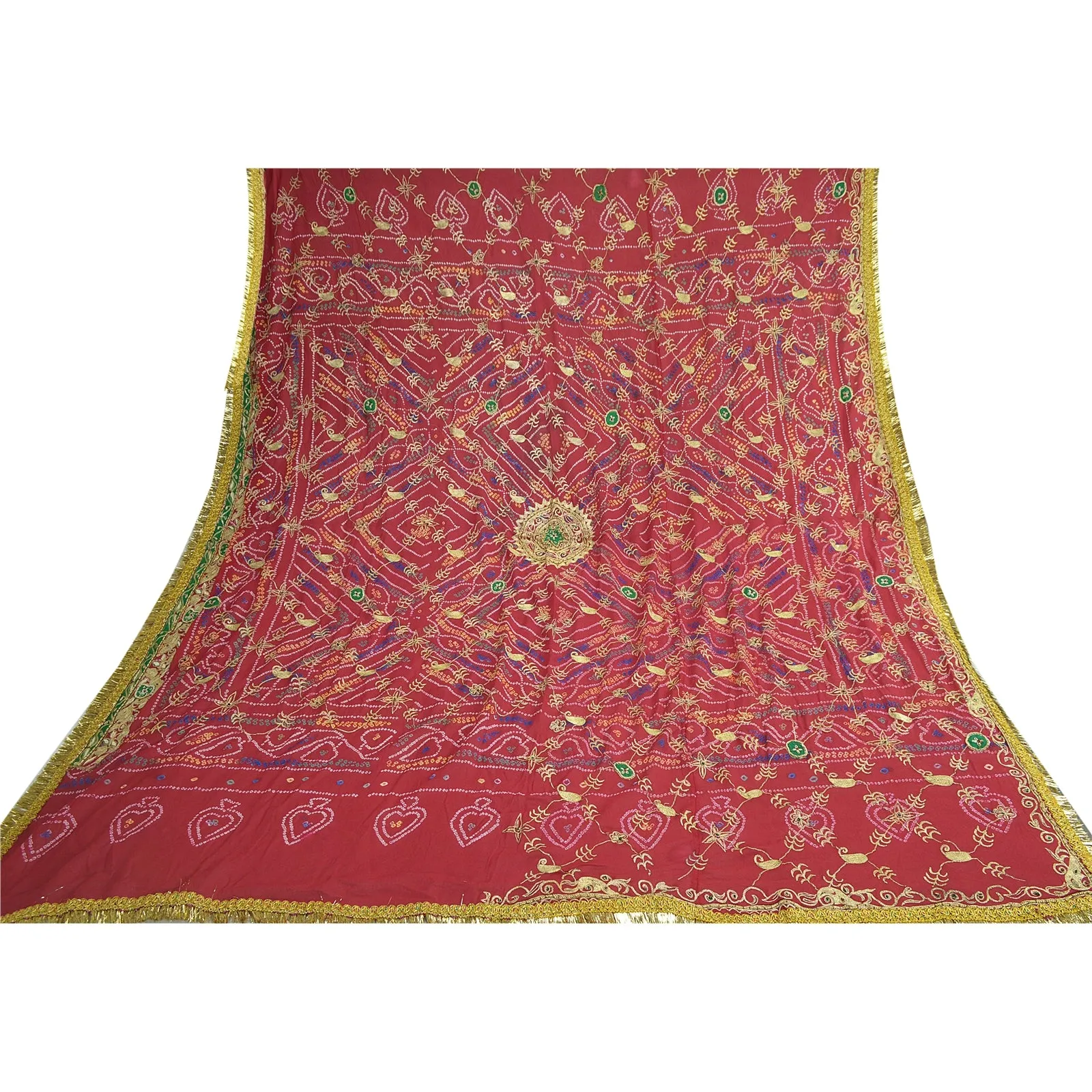 Sanskriti Vintage Long Dupatta Stole Pure Silk Red Hand Beaded Bandhani Scarves