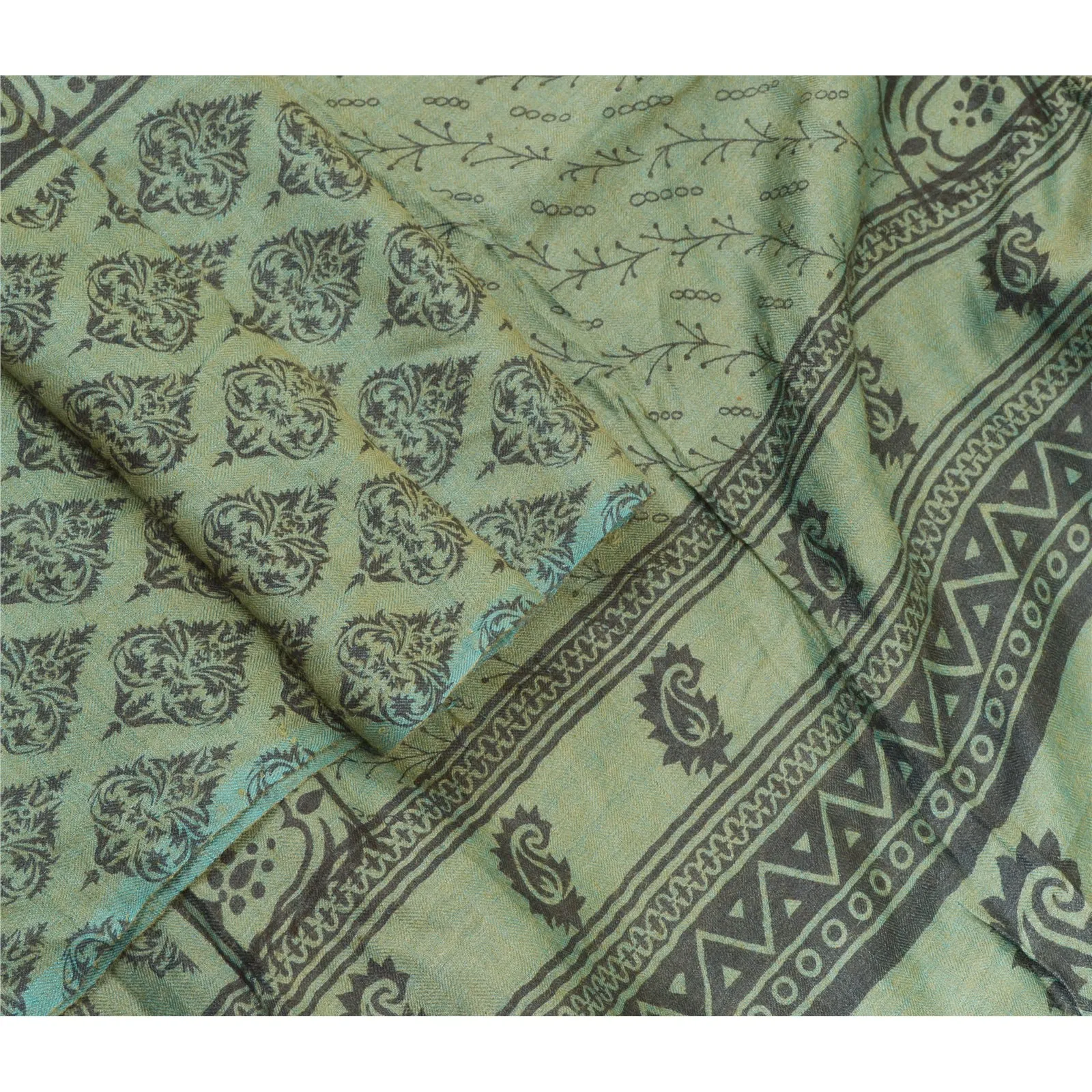 Sanskriti Vintage Long Dupatta Stole Pure Woolen Green Shawl Printed Scarves