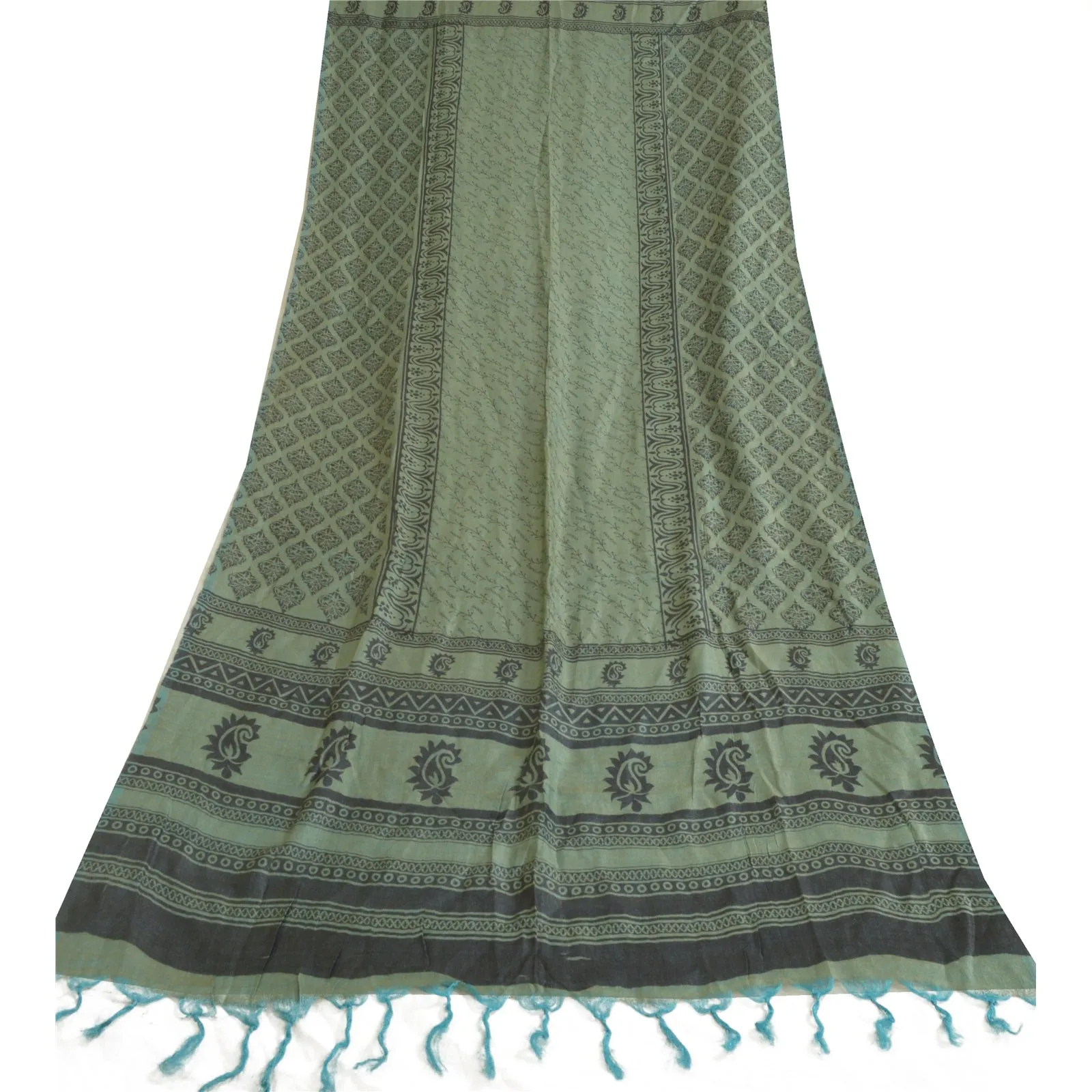 Sanskriti Vintage Long Dupatta Stole Pure Woolen Green Shawl Printed Scarves