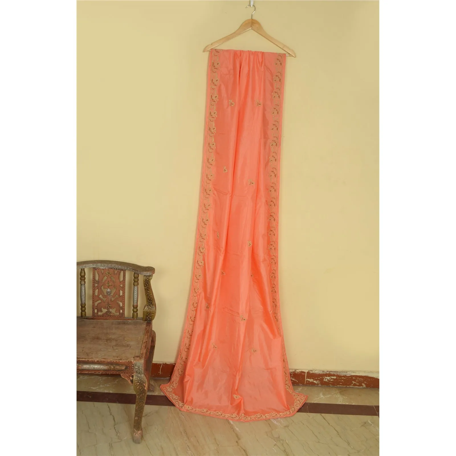 Sanskriti Vintage Peach Dupatta Pure Silk Hand Beaded Zardozi Work Stole Scarves