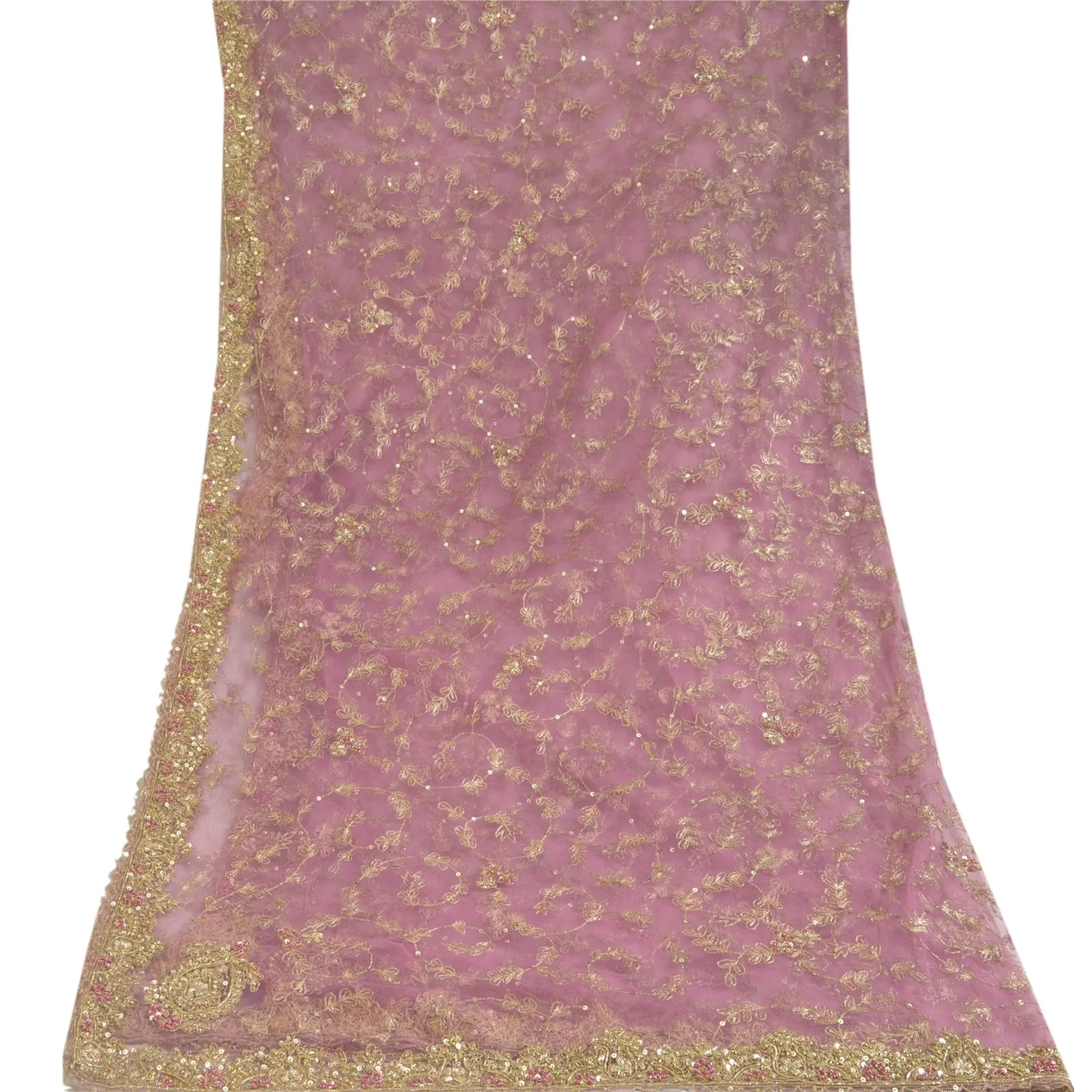 Sanskriti Vintage Pink Long Dupatta Stole Net Mesh Veil Hand Beaded Scarves