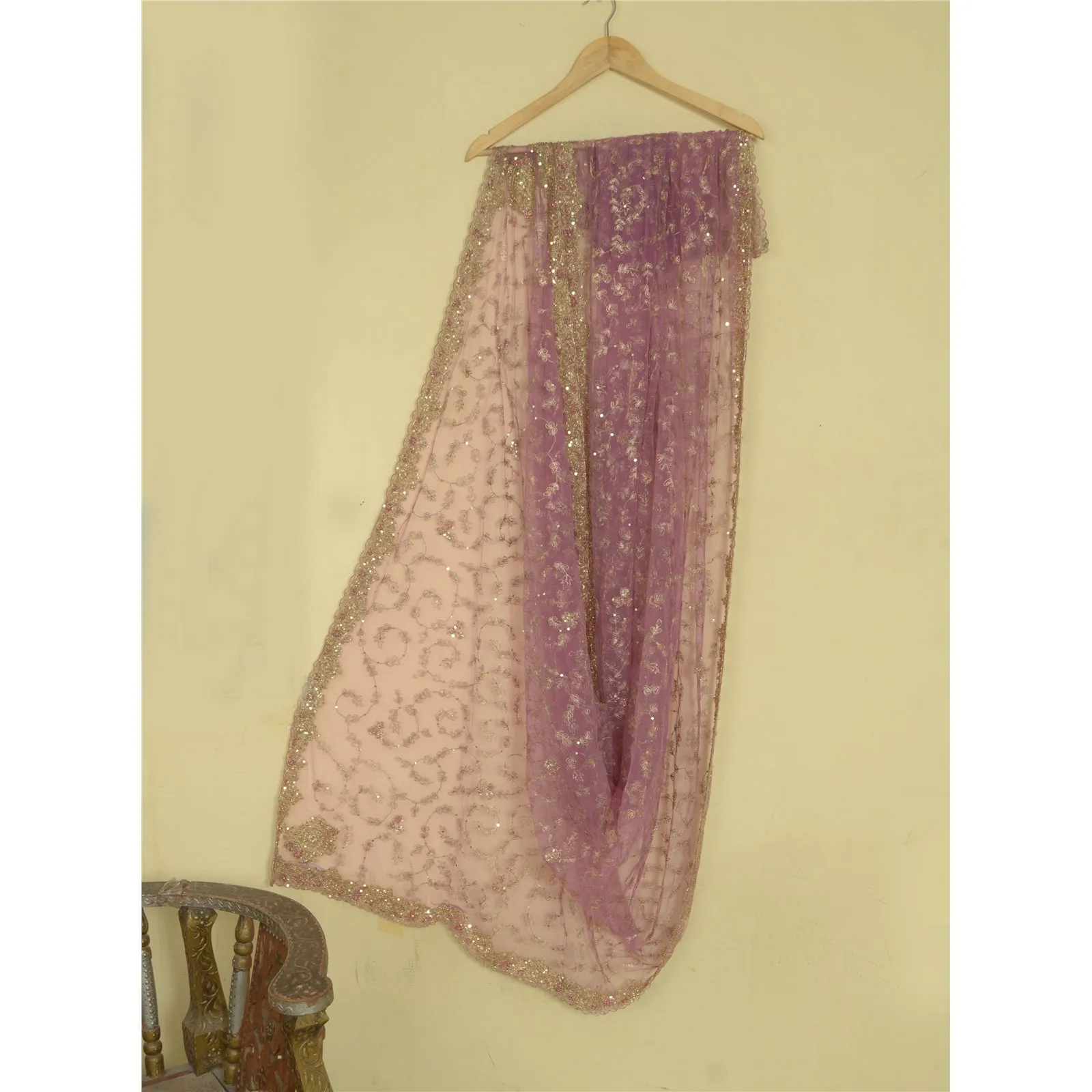 Sanskriti Vintage Pink Long Dupatta Stole Net Mesh Veil Hand Beaded Scarves