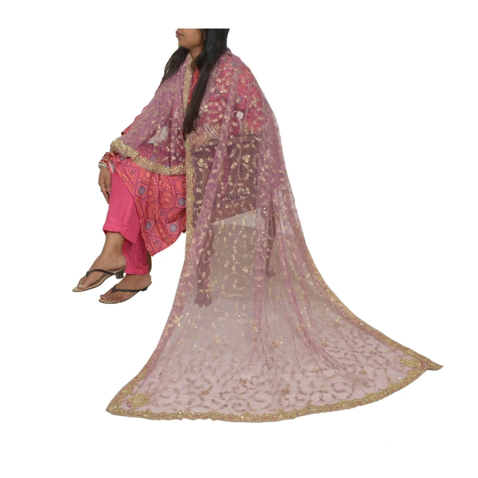 Sanskriti Vintage Pink Long Dupatta Stole Net Mesh Veil Hand Beaded Scarves