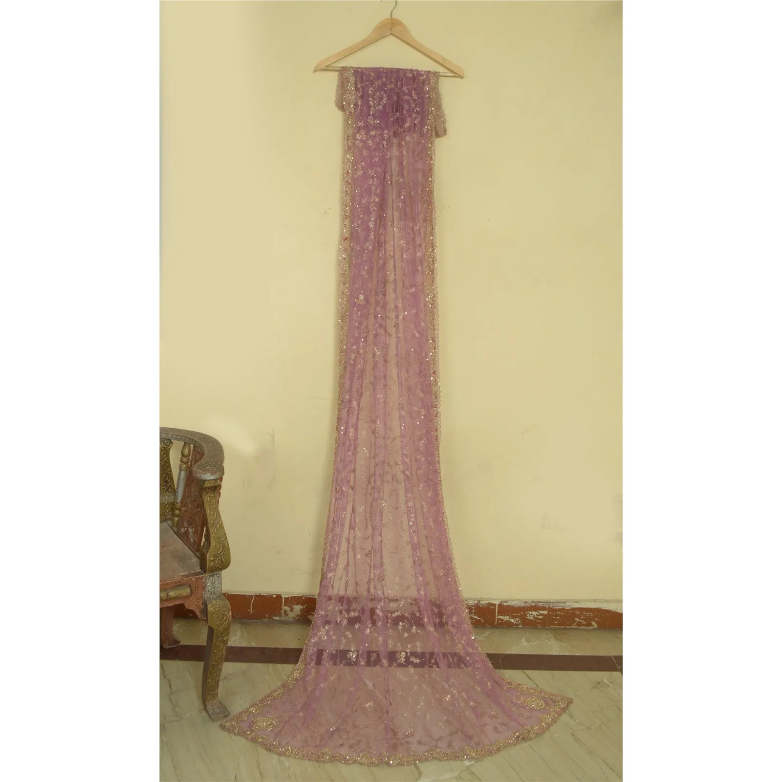 Sanskriti Vintage Pink Long Dupatta Stole Net Mesh Veil Hand Beaded Scarves