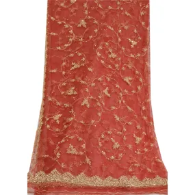 Sanskriti Vintage Red Long Dupatta Stole Net Mesh Veil Hand Beaded Wrap Scarves