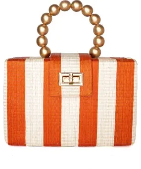 Soli & Sun Women's Gold / Yellow / Orange The Louisa Orange & Cream Stripe Woven Straw Statement Resort Style Clutch Bag