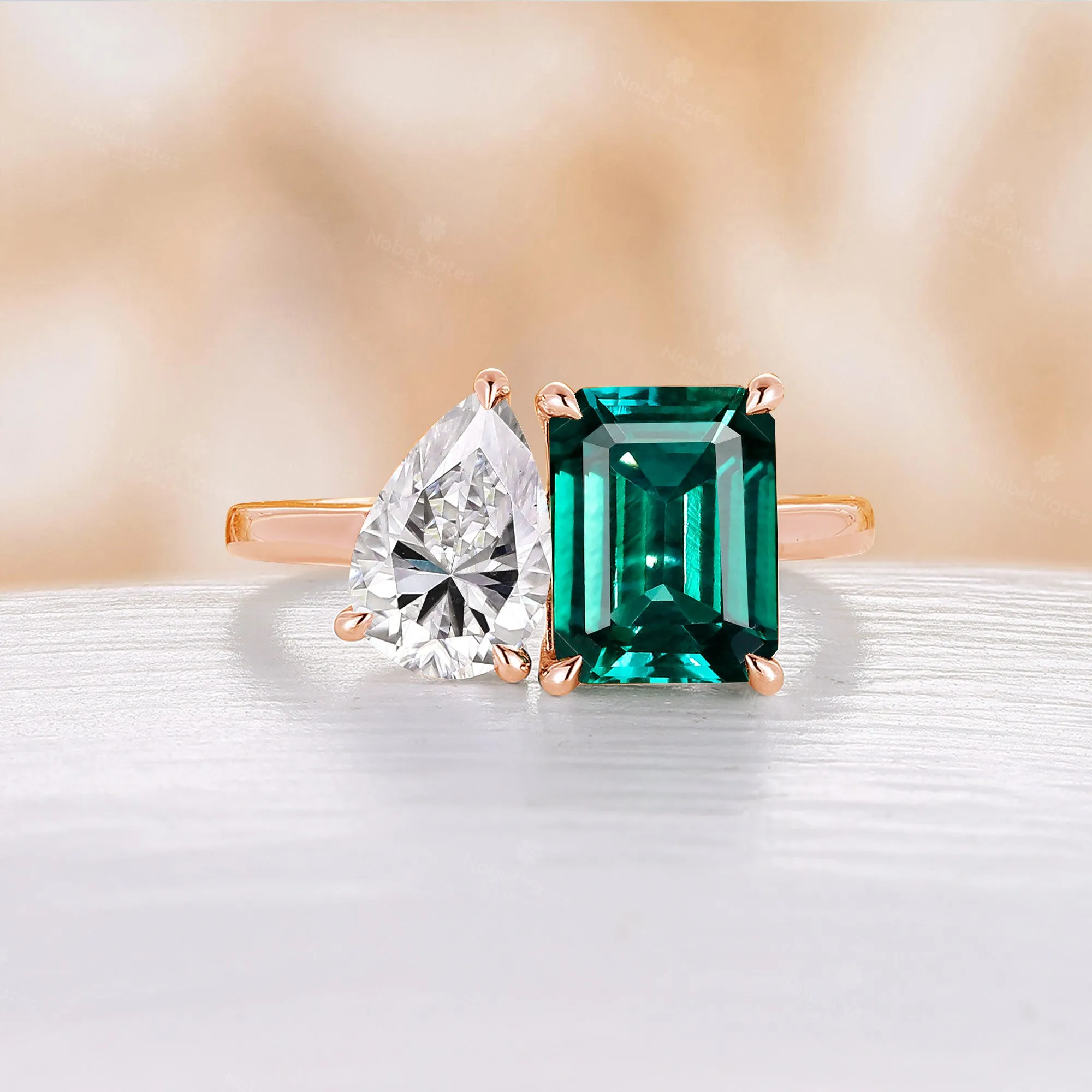 Toi et Moi Engagement ring Double Stone Emerald & Moissanite Promise Rose Gold