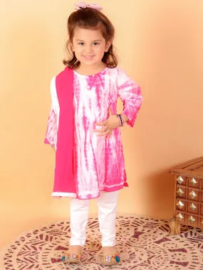 VASTRAMAY SISHU Girls Pink & White Pure Cotton Tie-Dye Kurta Leggings & Dupatta Set