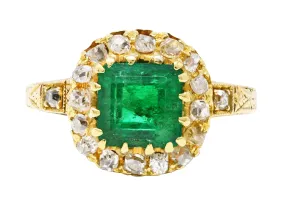 Victorian 2.12 CTW Emerald Old Mine Cut Diamond 14 Karat Yellow Gold Wheat Antique Halo Ring