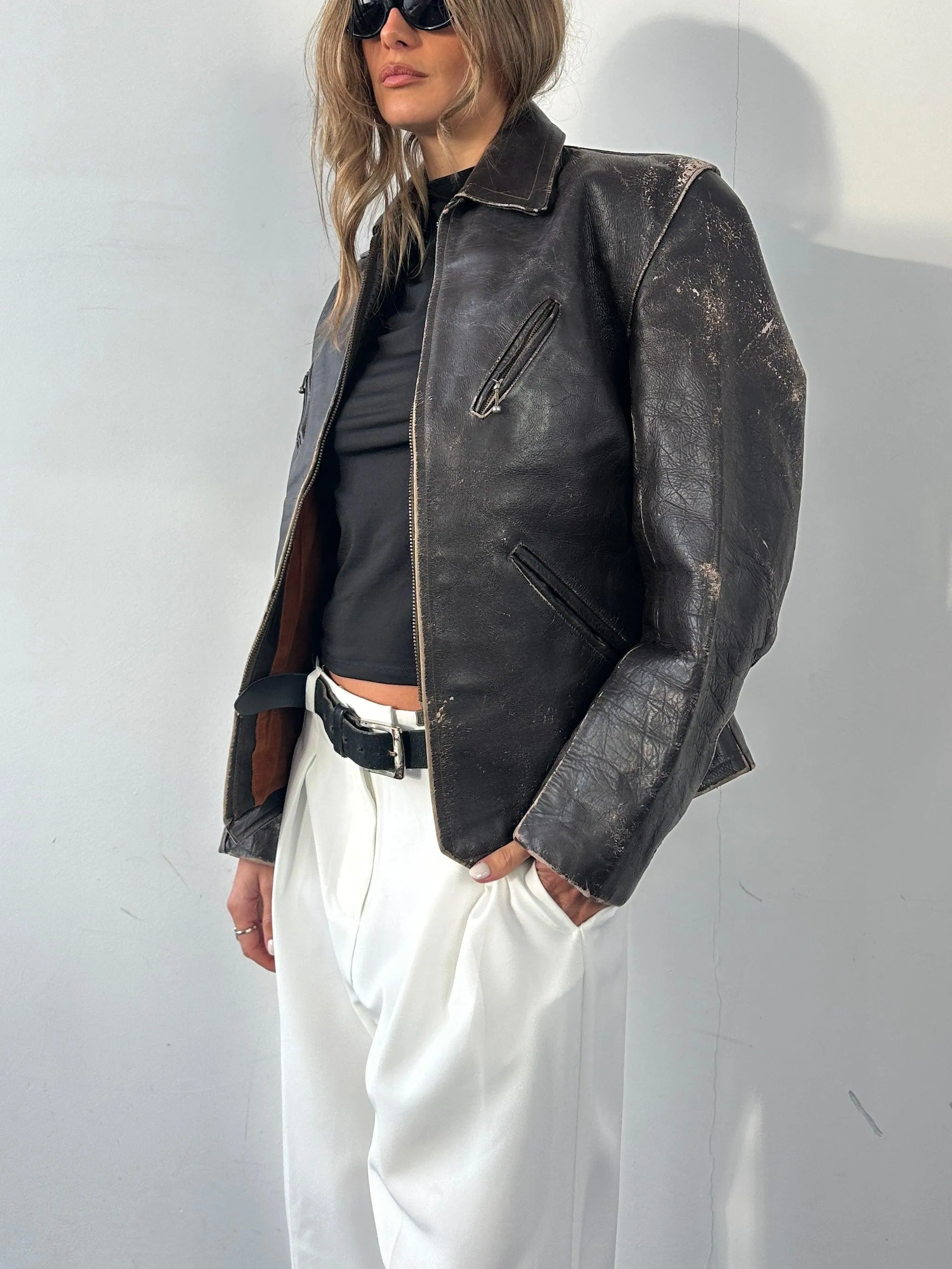 Vintage Distressed Structured Leather Jacket - S/M