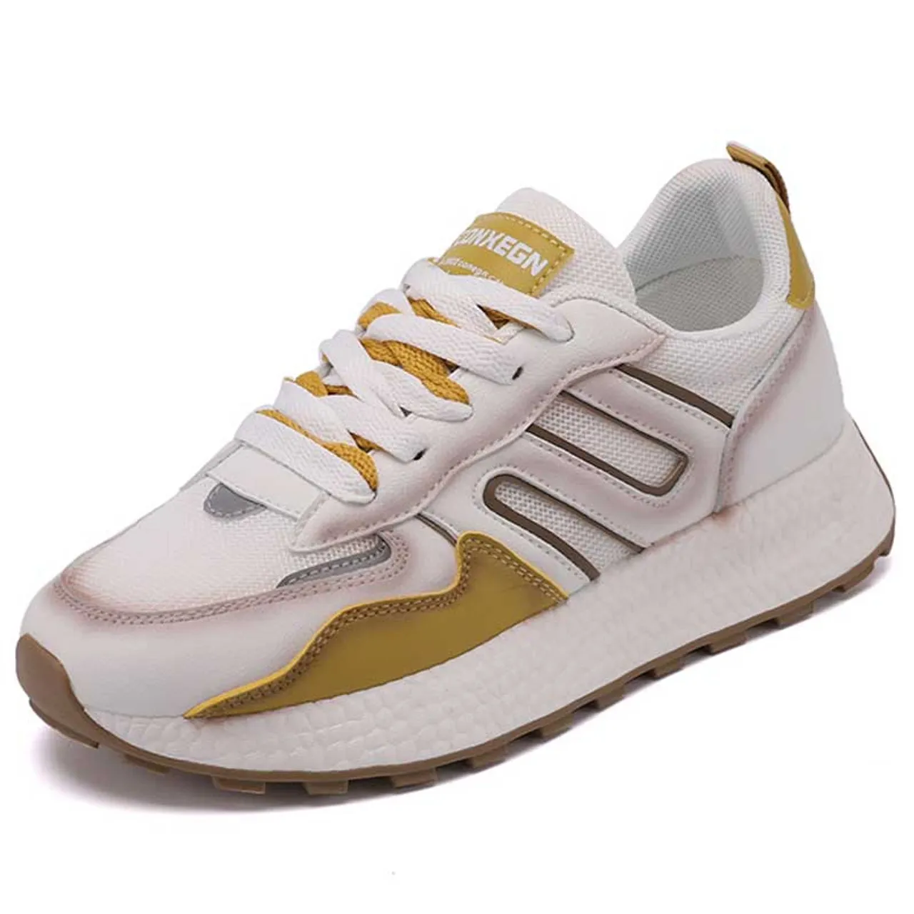 White yellow label pattern casual shoe sneaker