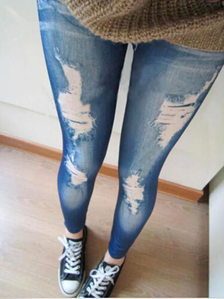 Women Stretch Cotton Fake Hole Imitation Jeans Leggings Jeggings SM6