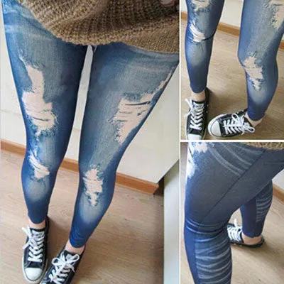 Women Stretch Cotton Fake Hole Imitation Jeans Leggings Jeggings SM6