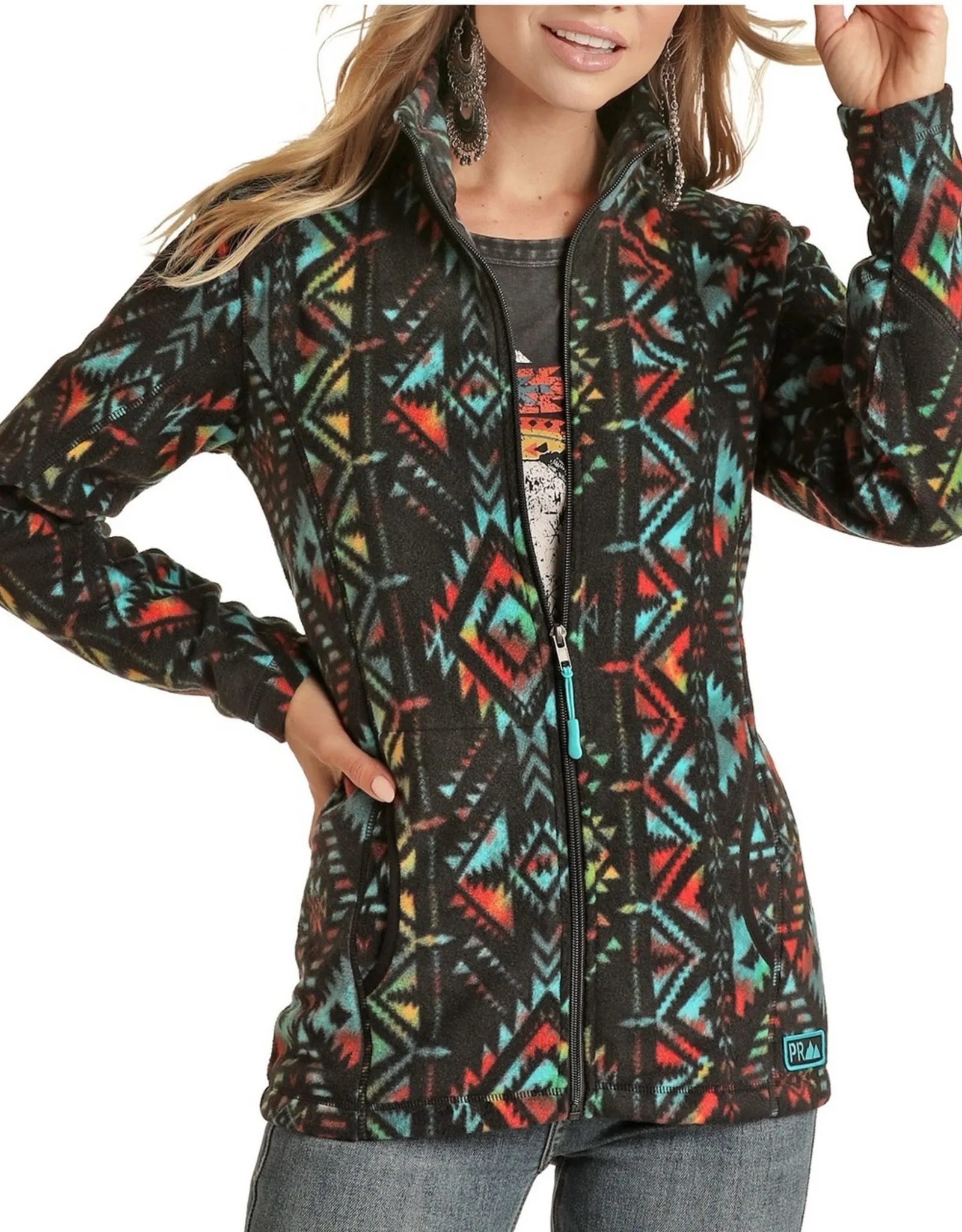 Womens Powder River Black Multi Color Aztec Full Zip Fleece Jacket